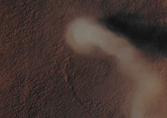 Huge Dust Devil in Amazonis Planitia (EDM - Absolute Natural Colors; credits for the additional process. and color.: Dr Paolo C. Fienga - Lunexit Team) 
Mars Local Time: 15:02 (early afternoon)
Coord. (centered): 35,5° North Lat. and 201,5° East Long.
Spacecraft altitude: 295,8 Km (such as about 184,9 miles) 
Original image scale range: 31,9 cm/pixel (with 2 x 2 binning) so objects ~ 1 mt and 18 cm across are resolved (with 4 x 4 binning)
Map projected scale: 50 cm/pixel
Map projection: EQUIRECTANGULAR
Emission Angle: 0,3° 
Sun - Mars - MRO (or "Phase") Angle: 40,4°
Solar Incidence Angle: 40° (meaning that the Sun is about 50° above the Local Horizon)
Solar Longitude: 83,0° (Northern Spring)
Credits: NASA/JPL/University of Arizona
Additional process. and coloring: Lunar Explorer Italia
Parole chiave: Mars from orbit - Aeolian Features - Dust Devil
