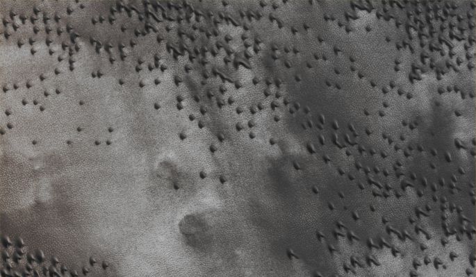 Northern Dunes (CTX Frame "A" - Absolute Natural Colors; credits for the additional process. and color.: Dr Paolo C. Fienga/Lunexit Team)
This Field of crescent-shaped Dunes (located at Lat. 73,62° North and 328,215° East Long.) is located just South of the North Polar Layered Terrain. These Dunes, known as "Barchan Dunes", usually form where there is a moderate supply of Sand and a Prevailing Wind Direction (meaning that they form in Regions where there are Dominant Winds). The "Arms" (or "Horns") of the Barchan Dunes point in the downwind direction and in this case this circumstance indicates that the Dominant Winds blow towards the North/West.

Mars Local Time: 14:42 (Early Afternoon)
Coord. (centered): 73,622° North Lat. and 328,215° East Long.
Spacecraft altitude: 316,7 Km (such as about 198,0 miles) 
Original image scale range: 63,4 cm/pixel (with 2 x 2 binning) so objects ~ 1 mt and 90 cm across are resolved
Map projected scale: 50 cm/pixel
Map projection: POLAR STEREOGRAPHIC
Emission Angle: 1,9° 
Sun - Mars - MRO (or "Phase") Angle: 57,6°
Solar Incidence Angle: 56° (meaning that the Sun is about 34° above the Local Horizon)
Solar Longitude: 117,4° (Northern Summer - Southern Winter)
Credits: NASA/JPL/University of Arizona
Additional process. and coloring: Lunar Explorer Italia
Parole chiave: Mars from orbit - Dunefield - Vastitas Borealis Region