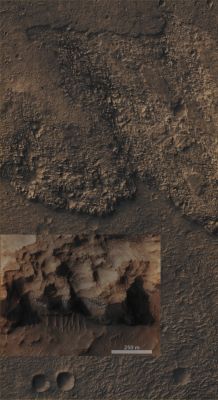 Water-Ice in a Chlorite-bearing Escarpment in North/Western Hellas Planitia (CTX Fframe and EDM - Absolute Natural Colors; credits for the additional process. and color.: Dr Paolo C. Fienga/Lunar Explorer Italia/Italian Planetary Foundation)
A South-facing Escarpment located in the North/Western part of the Martian Region known as Hellas Planitia (a target that was chosen for the research of Phyllosilicates) showed us the presence, inside the Rocks (---> mostly in their horizontal cracks) forming it, of a pale bluish Material, barely visible in this Absolute Natural Color image. The CRISM Spectra of such Material showed that it consists of a combination of Chlorite and Water Ice. This image was captured by the NASA - Mars Reconnaissance Orbiter during the Southern Martian Winter, such as in the time period when the Southern Hemisphere's South-facing Escarpments (just like this one) of the Red Planet retain Water Ice Deposits that formed during that dark, long and extremely cold Season.

Mars Local Time: 15:36 (Middle Afternoon)
Coord. (centered): 26,501° South Lat. and 55,094° East Long.
Spacecraft altitude: 268,2 Km (such as about 166,552 miles) 
Original image scale range: 26,8 cm/pixel (with 1 x 1 binning) so objects ~ 80 cm across are resolved
Map projected scale: 25 cm/pixel
Map projection: EQUIRECTANGULAR
Emission Angle: 18,0° 
Phase Angle: 56,7°
Solar Incidence Angle: 69° (meaning that the Sun was about 21° above the Local Horizon at the time the picture was taken)
Solar Longitude: 131,4° (Northern Summer - Southern Winter)
Credits: NASA/JPL/University of Arizona
Additional process. and coloring: Lunar Explorer Italia

This picture (which is a NASA - Original Mars Reconnaissance Orbiter NON-Map Projected false color EDM frame identified by the serial n. ESP_027758_1530-1) has been additionally processed, magnified to aid the visibility of the details, contrast enhanced and then re-colorized in Absolute Natural Colors (such as the colors that a human eye would actually perceive if someone were onboard the NASA - Mars Reconnaissance Orbiter and then looked down, towards the Surface of Mars), by using an original technique created - and, in time, dramatically improved - by the Lunar Explorer Italia Team.
Parole chiave: Mars from orbit - Escarment - Hellas Planitia
