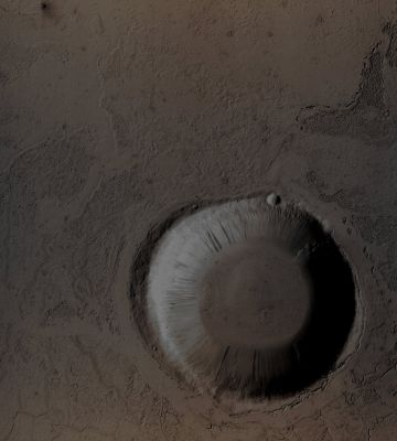 Unnamed Crater with "Lava-carved Gullies" (Absolute Natural Colors; credits for the additional process. and color.: Dr Paolo C. Fienga/Lunar Explorer Italia/Italian Planetary Foundation)
Mars Local Time: 15:33 (Middle Afternoon)
Coord. (centered): 1,258° South Lat. and 161,856° East Long.
Spacecraft altitude: 270,3 Km (such as about 168,9 miles) 
Original image scale range: 27,0 cm/pixel (with 1 x 1 binning) so objects ~ 81 cm across are resolved
Map projected scale: 25 cm/pixel
Map projection: EQUIRECTANGULAR
Emission Angle: 3,6° 
Sun-Mars-MRO (or "Phase") Angle: 51,0°
Solar Incidence Angle: 54° (meaning that the Sun was about 36° above the Local Horizon of the imaged Region, at the time that the picture was taken)
Solar Longitude: 153,3° (Northern Summer- Southern Winter)
Credits: NASA/JPL/University of Arizona
Additional process. and coloring: Lunar Explorer Italia
Parole chiave: Mars from orbit - Craters - Unnamed Crater