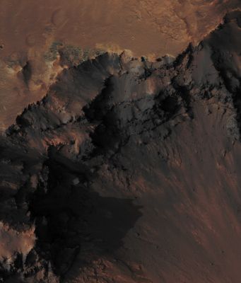Features of Coprates Chasma (Absolute Natural Colors; credits for the additional process. and color.: Dr Paolo C. Fienga/Lunar Explorer Italia/Italian Planetary Foundation)
Mars Local Time: 15:39 (Middle Afternoon)
Coord. (centered): 15,450° South Lat. and 303,273° East Long.
Spacecraft altitude: 260,5 Km (such as about 162,8 miles) 
Original image scale range: 52,1 cm/pixel (with 2 x 2 binning) so objects ~ 1 mt and 56 cm across are resolved
Map projected scale: 50 cm/pixel
Map projection: EQUIRECTANGULAR
Emission Angle: 5,5° 
Phase Angle: 61,5°
Solar Incidence Angle: 56° (meaning that the Sun was about 34° above the Local Horizon of the imaged Region, at the time that the picture was taken)
Solar Longitude: 180,3° (Northern Autumn - Southern Spring)
Credits: NASA/JPL/University of Arizona
Additional process. and coloring: Lunar Explorer Italia
Parole chiave: Mars from orbit - Chasmas - Coprates Chasma