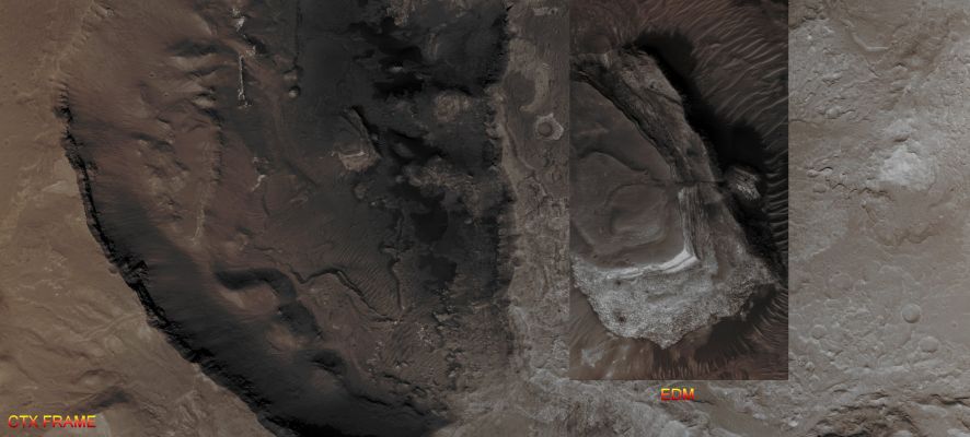 Features of Hydrae Chasma (Absolute Natural Colors; credits for the additional process. and color.: Dr Paolo C. Fienga/Lunar Explorer Italia/Italian Planetary Foundation)
Hydrae Chasma is a deep, almost Circular Depression approximately 50 Km across, situated between Juventae Chasma (to the North) and the large Canyon System known as Valles Marineris (to the South). This Chasma (---> Abyss) has steep Walls, flanked by numerous Landslides and a massive Scarp along its Southern Boundary, just where the Surface has collapsed into the Depression.
The EDM shows us an isolated flat-topped and small Mountain (known as a "Mesa") rising out of a Sea of Dunes located in the center of Hydrae Chasma. Darker-toned Dunes, likely composed of Basaltic Sands, form an Apron along the base of the Mesa's Northern Margin. The Western Side of the Mesa is gently sloping and is composed of a highly fractured light-toned Rubbly Base. It is overlaid by alternating light and dark Layered Cliff-forming Units and is covered by a Sediment Cap containing still more Dunes. 
The Layered Sequences are present only in the Interior Deposits and not in the Walls of the Chasma. Similar Deposits can also be found on the Floor of the Valles Marineris Canyon System, as well as in other Chasmata (like Juventae, for instance), and may represent the Sedimentary Remnants of ancient (relatively) deep and quiet (---> with probably minimal Internal Streams) Martian Lakes that formed, eons ago, within all these Canyon and Depression Systems and which, in (a, likely, extremely long) time, slowly disappeared (---> evaporated, sublimed or just froze).

Mars Local Time: 15:39 (Middle Afternoon)
Coord. (centered): 6,825° South Lat. and 297,987° East Long.
Spacecraft altitude: 268,4 Km (such as about 167,8 miles) 
Original image scale range: 26,9 cm/pixel (with 1 x 1 binning) so objects ~ 81 cm across are resolved
Map projected scale: 25 cm/pixel
Map projection: EQUIRECTANGULAR
Emission Angle: 8,5° 
Phase Angle: 45,9°
Solar Incidence Angle: 54° (meaning that the Sun was about 36° above the Local Horizon at the time the picture was taken)
Solar Longitude: 205,5° (Northern Autumn - Southern Spring)
Credits: NASA/JPL/University of Arizona
Additional process. and coloring: Lunar Explorer Italia

These two pictures (which are a NASA - Original Mars Reconnaissance Orbiter CTX b/w frame and an EDM color frame, both identified by the serial n. ESP_029516_1730) have been additionally processed and then colorized and re-colorized (as far as the EDM is concerned), respectively, in Absolute Natural Colors (such as the colors that a human eye would actually perceive if someone were onboard the NASA - Mars Reconnaissance Orbiter and then looked down, towards the Surface of Mars), by using an original technique created - and, in time, dramatically improved - by the Lunar Explorer Italia Team.
Parole chiave: Mars from orbit - Chasmas - Hydrae Chasma