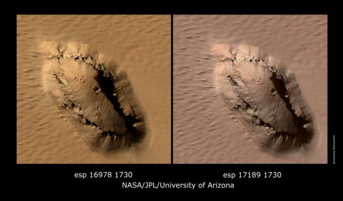Falling Down... (an Image-Mosaic by Dr Marco Faccin - Lunexit Team)
The lower flanks of Arsia Mons, one of the giant volcanoes on Mars, is riddled with Pits of various sizes. These have been of great interest to a number of researchers because they have the potential to be openings into underground caverns.
Such caverns have some potential for holding ice and offer protection from radiation and small meteorites. These are good things if one is looking for a safe place for current life on Mars or future human life.
However, this image shows some of the pitfalls of such hopes. Most of these pits are largely filled with rubble and dust that hide any potential links to larger underground areas. Furthermore, the entrances are steep and rocky, making them difficult areas to traverse. They would be a very exciting, if not safe, place to visit!
Parole chiave: Mars from orbit
