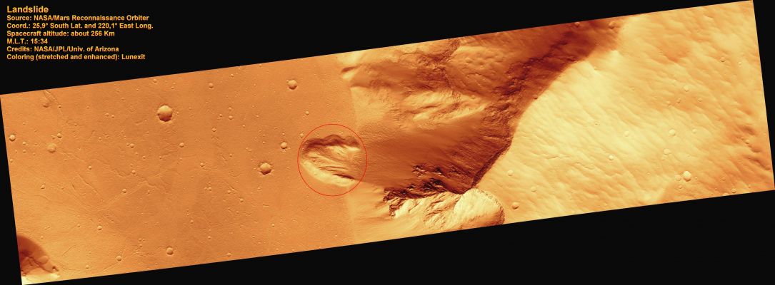Landslide
La forma geomorfologica visibile nella foto orbitale in esame è chiamata Conoide di Deiezione o "Alluvional Fan".

Sulla Terra, questa morfologia è provocata dal deposito di sedimenti trascinati dall’acqua lungo un pendìo e quindi deposti sul fondovalle, in corrispondenza del salto di pendenza. In effetti, quando il fluido giunge alla base del rilievo, subisce una drastica riduzione di velocità sicchè l’acqua non riesce più a trasportare la stessa quantità di solido. Comincia quindi la sedimentazione di materiale a partire dalle frazioni più grossolane e sino alle più fini, che si collocheranno in posizioni più distali rispetto alla linea di flusso.
Sul nostro Pianeta una situazione analoga a quella fotografata dalla sonda orbitale, porterebbe, su una pianura così vasta, alla formazione di un conoide molto più esteso. 

Su Marte, però, questo non può accadere in ragione della differente Forza di Gravità presente ed agente sulla sua superficie.

Il campo gravimetrico di Marte è pari a circa 1/3 di quello terrestre, sicchè la velocità di discesa delle acque di ruscellamento esistenti sul Pianeta Rosso risulta (evidentemente) inferiore rispetto a quella tipica e propria della Terra. Questo fatto comporta ed evidenzia un sistema dotato di minore Energia Cinetica.
La stessa capacità erosiva del ruscellamento risulta inferiore ed il sedimento giunto al piede del pendìo tenderà a depositarsi sempre nelle sue immediate vicinanze.

Un altro fattore determinante della forma di questo Conoide Marziano potrebbe dipendere dalle caratteristiche geomeccaniche del terreno sul quale esso si è creato e quindi, in definitiva, dalla sua composizione (attualmente non nota). La presenza di numerosi crateri da impatto sulla superfice del Conoide ci dimostra, quindi ed in conclusione, che il processo geomorfologico generante è ormai fermo da moltissimo tempo.
Parole chiave: Mars from orbit - Landslide