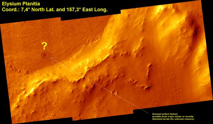 Elysium Planitia (CTX Frame - False Colors)
A low, sinuous tectonic ridge ("wrinkle ridge") can be seen in the South-East (lower left) and a rough-textured flow (lava?) fills the North-West (upper right) part of the image. Terraces that may have been carved by floodwaters are visible on the Southeastern side of the contact between the wrinkle ridge and the flow. 
On the Northwestern side of this contact, the flow itself has a banded appearance reminiscent of contour lines or bathtub rings. It may be that long ago, when the flow was mobile, its surface level dropped, leaving these bands as indicators of how high it once stood. Alternatively, the bands could be buried terraces draped by the rough-textured flow. Relatively straight and narrow dunes (about 10 mt wide) have marched across the surface of the flow, and a thin layer of light-toned dust blankets the region. A dark spot about 100 mt in diameter on the left side of the image is probably where a cluster of small impacts blew away the dust, revealing the darker shade of the underlying surface.
Parole chiave: Mars from orbit - Elysium Planitia