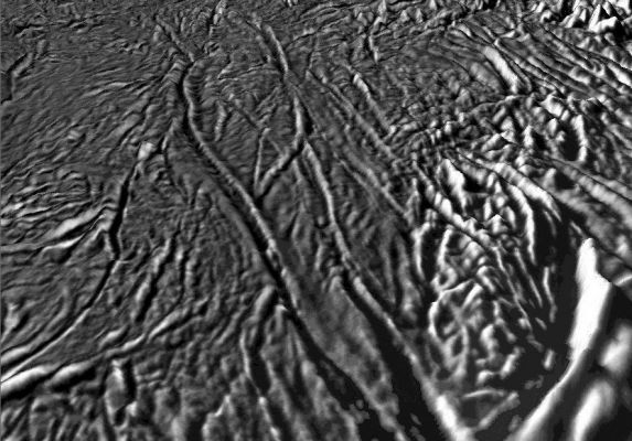 Is there "Life" underneath Enceladus?!?
Caption NASA:"Could life exist beneath Enceladus? 
A recent flyby of Saturn's icy moon has bolstered this fascinating idea. Two years ago, images from the Cassini Spacecraft led astronomers to the undeniable conclusion that Saturn's moon Enceladus was spewing fountains of gas and ice crystals through cracks in its surface (the "Tiger Stripes"). 
Last month (February 2008), Cassini dove through some of these plumes and determined that they contained Water Vapor laced with small amounts of Methane as well as simple and complex organic molecules. Surprisingly, the plumes of Enceladus appear similar in make-up to many comets. 
What's more, the temperature and density of the plumes indicate they might have originated from a warmer source - possibly a liquid source - beneath the surface. 
A liquid water sea containing organic molecules is a good place to look for life. 
Pictured above is a vertically exaggerated close-up of some long, venting Tiger Stripes. The computer composite was generated from images and shadows taken during the recent Cassini flyby. 
Nine more flybys of Enceladus by Cassini are planned".
Parole chiave: Saturn's Moons - Enceladus