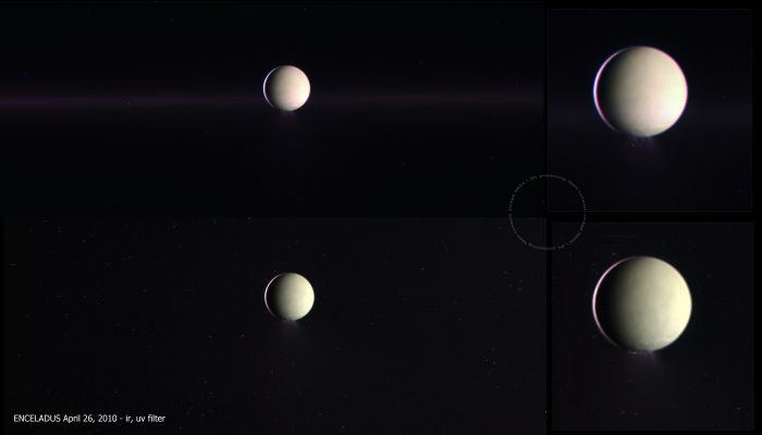 Beyond the Visible Light: Enceladus in IR and UV (an Image-Mosaic by Elisabetta Bonora - Lunexit Team)
Un altro spettacolare "Educational" della nostra Amica e Partner Elisabetta Bonora, in attesa che anche la NASA o l'ESA - se non altro "ufficialmente" ed attraverso i loro "Canali Pubblici" - facciano qualcosa di ugualmente valido ed istruttivo.

Un'attesa che, molto probabilmente, sarà vana...
Parole chiave: Saturnian Moons - Enceladus