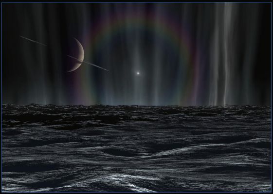 Not for Human Eyes... (by Karl Kofoed)
Caption NASA:"In this artist's rendering, a distant Sun forms a halo (refracted sunlight by ice crystals) amid streamers of pure water ice particles, which spew into space from cracks in the South Polar surface of Saturn's tiny moon Enceladus". 
Parole chiave: Artistic Interpretations of the Solar System