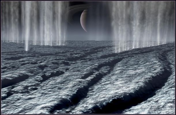 The Fountains of Enceladus (by Karl Kofoed)
Caption NASA:"This artist's painting of the South Polar Region of Saturn's tiny moon Enceladus shows massive jets of water ice being blasted into space. The moon's lack of atmosphere and low gravity prevents the jets from fanning out quickly as they might on a more massive world. These plumes feed the extensive E-Ring of Saturn". 
Parole chiave: Artistic Interpretations of the Solar System