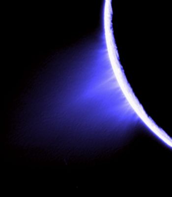 The Blue Fountains of Enceladus (false colors; elab. NASA)
This false-color view was created by combining 3 clear filter images taken at nearly the same time of PIA07759. This image product was then specially processed to enhance the individual jets that compose the plume (while PIA07759 was instead processed to reveal subtleties in the brightness of the overall plume that comprises the jets). 
Some artifacts due to the processing are present in the image. The final product was colored as blue for dramatic effect. 

The images were acquired with the Cassini spacecraft narrow-angle camera on Nov. 27, 2005 at a distance of approx. 148.000 Km (about 92.000 miles) from Enceladus and at a Sun-Enceladus-Spacecraft, or phase, angle of 161°. 
Scale in the original images is about 880 meters (0,5 mile) per pixel. 
This view has been magnified by a factor of two from the original images".
Parole chiave: Saturn's Moons - Enceladus