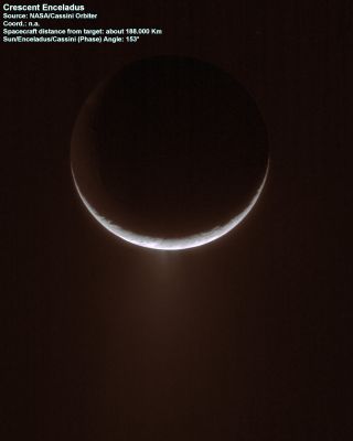 Icy Emanations...
Caption NASA:"Peeking over the crescent of Enceladus, the Cassini spacecraft views the towering plume of ice particles erupting from the moon's South Polar Region. 
Multiple components of the overall plume are visible in this view of Enceladus. 

The image was taken in visible light with the Cassini spacecraft narrow-angle camera on April 24, 2007 at a distance of approx. 188.000 Km (such as about 117.000 miles) from Enceladus and at a Sun-Enceladus-spacecraft, or phase, angle of 153°. 
Image scale is roughly 1 Km (about 0,6 miles) per pixel".
Parole chiave: Saturn's Moons - Enceladus
