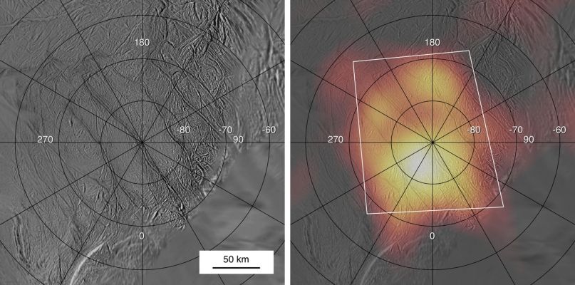 Stripes and Heat Map Side-by-Side
Caption NASA:"Cassini's March 12, 2008, flyby of Enceladus provided the best view yet of the heat radiation from the active South Pole of the satellite. These images summarize what was learned about the South Polar landscapes and heat radiation during the previous close flyby on July 15, 2005. 
The left panel shows a map of the South Pole constructed from images taken by the Spacecraft's Imaging System. Four prominent fractures, informally called "Tiger Stripes", cut diagonally across the South Polar Region. In the right-hand panel, a July 2005 map of the south polar heat radiation, obtained by Cassini's Composite Infrared Spectrometer, is superimposed in false color on the visible images. 
The observations revealed a prominent warm region centered on the South Pole, appearing yellow and orange in this view, which coincides with the locations of the tiger stripes. However, these data were taken from too far away from Enceladus (about 80.000 Km) to distinguish the fine details of the heat radiation. 
The July 2005 flyby also included some scattered close-up snapshots by the Composite Infrared Spectrometer; these showed that the heat radiation was concentrated along the Tiger Stripe fractures, but those snapshots covered only a small fraction of the South Polar Region. 
The white lines enclose the area covered by the much more detailed view of the South Pole obtained by the spectrometer during the March 12, 2008, flyby. 
Numbers on the map show Latitude and Longitude".
Parole chiave: Maps