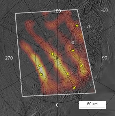 Jet Spots in Tiger Stripes
Caption NASA:"Heat radiating from the entire length of 150 Km (about 95 mile)-long fractures is seen in this best-yet heat map of the active South Polar Region of Saturn's ice moon Enceladus. The warmest parts of the fractures tend to lie on locations of the plume jets identified in earlier images, shown in the annotated version with yellow stars. The measurements were obtained by the Cassini Spacecraft's Composite Infrared Spectrometer from the spacecraft's close flyby of the moon on March 12, 2008. 
Remarkably high temperatures, at least 180 Kelvin (such as -135 degrees Fahrenheit) were registered along the brightest fracture, named Damascus Sulcus, in the lower left portion of the image. For comparison, surface temperatures elsewhere in the South Polar Region of Enceladus are below 72 Kelvin (such as -330 degrees Fahrenheit). 
Heat is escaping from Enceladus' interior along these warm fractures, dubbed "Tiger Stripes", which are also the source of the geysers that erupt from the Polar Region. 
The infrared radiation was mapped at wavelengths between 12 and 16 microns. The infrared data, shown in false color, are superimposed on a grayscale image mosaic of the South Pole obtained by Cassini's cameras on July 14, 2005, during the previous close Enceladus flyby. Numbers on the map indicate Latitude and Longitude. 

This new view shows that at least 3 of the South Polar fractures are active along almost their full lengths - the 4th one, on the right, was only partially covered by this scan. The level of activity varies greatly along the fractures. The warmest parts of the fractures tend to lie on locations of the plume jets identified in earlier images. The main "Tiger Stripe" fractures are not the only sources of heat, however; additional warm spots are seen in the upper right part of the scan. 
The warm regions are probably concentrated within less than a few hundred meters (a few hundred yards) of the fractures, and their apparent width in this image results from the relatively low resolution of the infrared data. 

This map was made by scanning the South Pole during the period from 16' to 37' (minutes) after closest approach to Enceladus, at a distance between 14.000 and 32.000 Km (about 8.700 and 20.000 miles) as Cassini rapidly receded from its close (50-Km or about 32-miles) flyby".
Parole chiave: Graphs, Spectra and other Technical Drawings