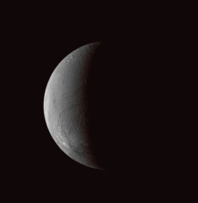 Crescent Enceladus (MULTISPECTRUM-2; credits: Lunexit)
Caption NASA:"The Cassini Spacecraft observes the wrinkled surface of Enceladus. 
The geologically active South Polar Region is visible at bottom. 
This view looks toward the Saturn-facing side of Enceladus (about 504 Km, or 313 miles across). Lit terrain is on the moon's Leading Hemisphere. North is up and rotated 16° to the right. 

The image was taken in visible green light with the Cassini Spacecraft narrow-angle camera on June 2, 2008. The view was obtained at a distance of approx. 285.000 Km (such as about 177.000 miles) from Enceladus and at a Sun-Enceladus-Spacecraft, or Phase, Angle of 108°. 
Image scale is roughly 2 Km (a little more than 1 mile) per pixel".
Parole chiave: Saturn's Moons - Enceladus