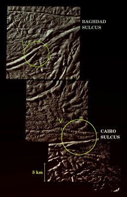 Baghdad and Cairo Sulci on Enceladus (possible True Colors; credits: Lunexit)
Caption NASA:"Cassini shot past the surface of Saturn's moon Enceladus on Aug. 11, 2008, acquiring a set of 7 HR images targeting known hot spot locations on the moon's "Tiger Stripe" fractures, or Sulci. 
Five of those images are presented in this mosaic. 

Features on Enceladus are named for characters and places from "The Arabian Nights", and the four most prominent Sulci are named Alexandria, Cairo, Baghdad and Damascus. Here, Baghdad Sulcus runs across the top mosaic tile, from lower left to upper right. Cairo Sulcus runs from left to right just beneath the center tile. 
One highly anticipated result of this flyby was to pinpoint previously identified source locations for the jets that blast icy particles, water vapor and trace organics into space. 
The yellow circles indicate the Jets' Source Locations I and V, as identified in PIA08385" .
Scientists are using these new images to study geologic activity associated with the sulci, and effects on the surrounding terrain. This information, coupled with observations by Cassini's other instruments, may answer the question of whether reservoirs of liquid water exist beneath the surface. 

The mosaic consists of five images taken with the clear spectral filters on Cassini's narrow-angle camera. The view is an orthographic projection with an image scale of 14,5 meters (47,5 feet) per pixel. The area shown here is centered on 81,6° South Latitude and 56,5° West Longitude. The original images ranged in resolution from 10 to 24 meters (33 to 79 feet) per pixel and were taken at distances ranging from 1288 to 3600 Km (such as from about 800 to approx. 2237 miles) from Enceladus".
Parole chiave: Saturn's Moon - Enceladus