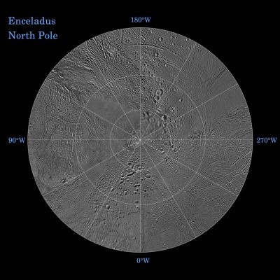 Enceladus: North Polar Map
The Northern and Southern Hemispheres of Enceladus are seen in these Polar Stereographic Maps, mosaicked from the best-available Cassini and Voyager clear-filter images. This image shows the North Polar Regions.

Each map is centered on one of the Poles and surface coverage extends to the Equator. Grid lines show Latitude and Longitude in 30-degree increments. The scale in the full-size versions of these maps is 110 meters (360 feet) per pixel. 

These two maps show that the character of Terrains near the North Pole differs strongly from those near the South Pole. Terrain near the North Pole is among the most heavily cratered and oldest on the Surface of Enceladus. 
The Northern Hemisphere map shows that a broad band of cratered terrain extends from the Equator on the Saturn-facing side (centered on 0-degrees Longitude), over the Pole and to the Equator on the anti-Saturn side (centered on 180-degrees Longitude). Terrains near the Equator and Mid-Latitudes on the Leading (90° West) and Trailing (270° West) sides of Enceladus are much less heavily cratered and are characterized by intense zones of fracturing and faulting. 

As seen in the Southern Hemisphere map, the band of cratered terrain at 0 and 180° Longitude extends southward from the Equator. However, poleward of about 55° South Latitude, the cratered terrain is interrupted and replaced by a conspicuously fractured circumpolar terrain that is nearly devoid of impact craters. 
In contrast to the very old North Polar Terrains, the South Circumpolar Terrains are among the youngest on the Surface of Enceladus. 

Within the South Circumpolar Region is a group of prominent parallel "Stripes" made up of fractures that are delineated by relatively dark albedo markings flanking the sides of each fracture. 

An interesting property of the parallel fracture system is that each appears to turn back at its westernmost segment as if it has been "bent" or "folded" into a hook-like curve. Similar patterns of folded or kinked fractures can be found throughout the region -- a unique feature of the South Polar Terrains.
Parole chiave: Maps