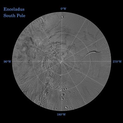 Enceladus: South Polar Map
The Northern and Southern Hemispheres of Enceladus are seen in these Polar Stereographic Maps, mosaicked from the best-available Cassini and Voyager clear-filter images. This image shows the South Polar Regions.

Each map is centered on one of the Poles and surface coverage extends to the Equator. Grid lines show Latitude and Longitude in 30-degree increments. The scale in the full-size versions of these maps is 110 meters (360 feet) per pixel. 

These two maps show that the character of Terrains near the North Pole differs strongly from those near the South Pole. Terrain near the North Pole is among the most heavily cratered and oldest on the Surface of Enceladus. 
The Northern Hemisphere map shows that a broad band of cratered terrain extends from the Equator on the Saturn-facing side (centered on 0-degrees Longitude), over the Pole and to the Equator on the anti-Saturn side (centered on 180-degrees Longitude). Terrains near the Equator and Mid-Latitudes on the Leading (90° West) and Trailing (270° West) sides of Enceladus are much less heavily cratered and are characterized by intense zones of fracturing and faulting. 

As seen in the Southern Hemisphere map, the band of cratered terrain at 0 and 180° Longitude extends southward from the Equator. However, poleward of about 55° South Latitude, the cratered terrain is interrupted and replaced by a conspicuously fractured circumpolar terrain that is nearly devoid of impact craters. 
In contrast to the very old North Polar Terrains, the South Circumpolar Terrains are among the youngest on the Surface of Enceladus. 

Within the South Circumpolar Region is a group of prominent parallel "Stripes" made up of fractures that are delineated by relatively dark albedo markings flanking the sides of each fracture. 

An interesting property of the parallel fracture system is that each appears to turn back at its westernmost segment as if it has been "bent" or "folded" into a hook-like curve. Similar patterns of folded or kinked fractures can be found throughout the region -- a unique feature of the South Polar Terrains.
Parole chiave: Maps