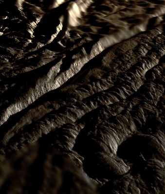 Perspective view of Cairo Sulcus, Enceladus (Natural Colors - credits: Lunexit)
This perspective view of Cairo Sulcus was generated using high resolution images of Enceladus acquired in August 2008 at 12 to 30 meters (40 to 100 feet) resolution, together with a new topographic map of the Region produced by Dr. Paul Schenk (http://www.lpi.usra.edu/lpi/schenk/) at the Lunar and Planetary Institute in Houston, TX. Lower resolution images to either side were acquired at 50 to 80 meter (165 to 260 feet) resolution. 

Cairo Sulcus is one of several prominent structures, dubbed “Tiger Stripes”, within the geologically active South Polar Region of Enceladus. These structures consist of two large parallel ridges up to 2 Km (approx. 1,2 miles) across separated by a deep V-shaped medial trough. This view highlights one of the wall scarps of the medial trough of Cairo Sulcus, the brightly lit scarp crossing the left-hand side of the view. This wall scarp stands 175 to 250 meters (575 to 820 feet) high. Vertical striations and large boulders tens of meters across clutter the surface of this scarp, evidence of faulting and/or slumping of crustal ices. Troughs such as these are probably the source of numerous jets making up the large active water vapor plume over the South Pole of Enceladus. The parallel sets of rounded mounds and ridges In the foreground are up to 50 meters (165 feet) high. These are typical of the plains that lie between the tiger stripe structures and resemble crumpled or folded rock patterns seen on Earth. Relief has been exaggerated by a factor of ~10 to enhance clarity. 

The raw data from which this product was developed were retrieved from the Planetary Data System's Cassini archives. The Cassini-Huygens mission is a cooperative project of NASA, the European Space Agency and the Italian Space Agency. The Jet Propulsion Laboratory, a division of the California Institute of Technology in Pasadena, manages the mission for NASA's Science Mission Directorate, Washington, D.C. The Cassini orbiter and its two onboard cameras were designed, developed and assembled at JPL. The imaging operations center is based at the Space Science Institute in Boulder, Colo. (http://ciclops.org)
Parole chiave: Saturn's Moon - Enceladus
