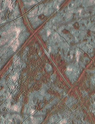 Pwyil Crater - Europa
The large Jovian moon Europa may harbor liquid water beneath its frozen crust. Controversy surrounding this idea has been recently fueled by dramatic images of Europa's surface from the Galileo spacecraft. 
This alluring color image was produced by combining low resolution color data with higher resolution mosaics recorded during three separate flybys and covers about 120 by 150 miles. 

The eerie terrain of grooved linear ridges and crustal plates which seem to have broken apart and rafted into new positions could indicate subsurface water or slush. Blue tints represent relatively old ice surfaces while reddish regions may contain material from more recent internal geological activity. 

White splotches are bright material blasted from the young impact crater Pwyll located about 600 miles south (to the right) of this area. 
Many believe that large reservoirs of water hold out the tantalizing possibility of organisms living on this dim, distant world.
Parole chiave: Jupiter's moon - Europa