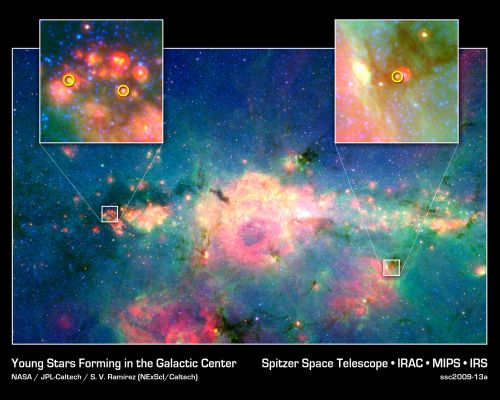 Newborn Stars found near the Galactic Centre
This InfraRed image from NASA's Spitzer Space Telescope shows 3 "baby stars" in the bustling center of our Milky Way galaxy. 
The three stars are the first to be discovered in the region — previous attempts to find them were unsuccessful because there is so much dust standing between us and our galaxy's core. 

Spitzer was able to find the newborn stars with its sharp InfraRed eyes, which can cut through dust. 
The center of our galaxy is a hectic place. It's stuffed with stars, gas and dust. Astronomers have long wondered how stars can form in such chaotic circumstances. While they have known that stars are born there, they weren't able to see the stars forming until now. Astronomers plan to search for more newborn stars in the region, and ultimately learn more about stellar births at the center of the Milky Way.
Parole chiave: From Space Images - Spitzer Space Telescope (SST)