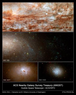 Galaxies!
These images taken with NASA's Hubble Space Telescope are close-up views of four galaxies from a large survey of nearby galaxies.

The galaxies have very different masses and sizes and showcase the diversity of galaxies found in the ANGST study. Although the galaxies are separated by many light-years, they are presented as if they are all at the same distance to show their relative sizes.

The images, taken with Hubble's Advanced Camera for Surveys, reveal rich detail in the stellar populations and in the interstellar dust scattered between the stars. Hubble's sharp views reveal the colors and brightnesses of individual stars, which astronomers used to derive the history of star formation in each galaxy.

In the composite image at the top, NGC 253 is ablaze with the light from thousands of young, blue stars. The spiral galaxy is undergoing intense star formation. The image demonstrates the sharp "eye" of the Advanced Camera, which resolved individual stars. The dark filaments are clouds of dust and gas. NGC 253 is the dominant galaxy in the Sculptor Group of galaxies and it resides about 13 million light-years from Earth.

In the view of the spiral galaxy NGC 300, second from top, young, blue stars are concentrated in spiral arms that sweep diagonally through the image. The yellow blobs are glowing hot gas that has been heated by radiation from the nearest young, blue stars. NGC 300 is a member of the Sculptor Group of galaxies and it is located 7 million light-years away.

The dark clumps of material scattered around the bright nucleus of NGC 3077, the small, dense galaxy at bottom, left, are pieces of wreckage from the galaxy's interactions with its larger neighbors. NGC 3077 is a member of the M81 group of galaxies and it resides 12.5 million light-years from Earth.

The image at bottom, right, shows a swarm of young, blue stars in the diffuse dwarf irregular galaxy NGC 4163. NGC 4163 is a member of a group of dwarf galaxies near our Milky Way and is located roughly 10 million light-years away.

These galaxies are part of a detailed survey called the ACS Nearby Galaxy Survey Treasury program (ANGST). In the census, Hubble observed roughly 14 million stars in 69 galaxies. The survey explored a region called the "Local Volume," and the galaxy distances ranged from 6.5 million light-years to 13 million light-years from Earth. The Local Volume resides beyond the Local Group of galaxies, an even nearer collection of a few dozen galaxies within about 3 million light-years of our Milky Way Galaxy.

The natural-color images were constructed using observations taken in infrared, visible, and blue light. The observations of NGC 253 and NGC 300 were taken in September 2006; of NGC 3077 in November 2006; and of NGC 4163 in December 2006.

Object Names: NGC 253, NGC 300, NGC 3077, NGC 4163


Parole chiave: From Space Images - Hubble Space Telescope (HST) Images