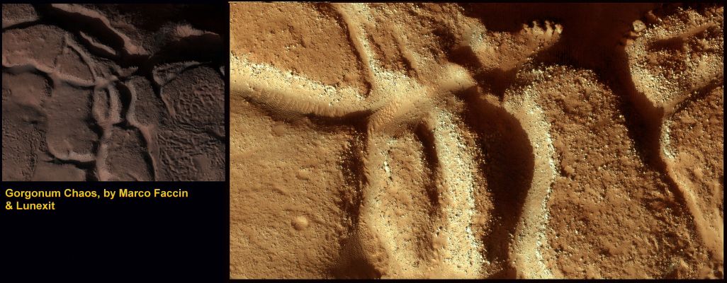 Collapse Features in Gorgonum Chaos (by Dr M. Faccin)
...Probabilmente troveremo questo frame, sezionato e scopiazzato da qualche altra parte del World Wide Web, senza la menzione del nostro eccezionale Marco Faccin e di Lunexit, ma in ogni caso una considerazione la si può fare: questa è Arte! E lo è perchè la Superficie di Marte che vedete in questi frames non è stata solo (addizionalmente) "processata". 

Essa è stata assolutamente INTERPRETATA: in texture e colori. Ed un Lavoro simile - se non altro Pubblicamente - nemmeno la NASA lo fa.
Parole chiave: Mars from orbit - Gorgonum Chaos