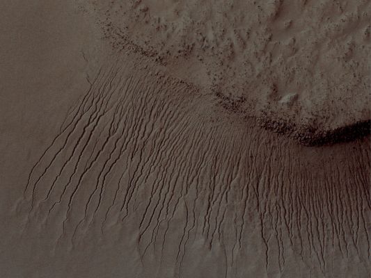 Gullies in Hellas Planitia (Absolute Natural Colors; credits for the additional process. and color.: Dr Paolo C. Fienga - Lunexit)  
Images like this from the High Resolution Imaging Science Experiment (HiRISE) camera on NASA's Mars Reconnaissance Orbiter show portions of the Martian surface in unprecedented detail. This one shows many channels from 1 meter to 10 meters (approximately 3 feet to 33 feet) wide on a scarp in the Hellas impact basin. On Earth we would call these Gullies. Some larger channels on Mars that are sometimes called Gullies are big enough to be called ravines on Earth.

This view is an excerpt from a HiRISE observation taken on Jan. 14, 2011, nearly five years after the March 10, 2006, arrival of the Mars Reconnaissance Orbiter at Mars. North is up. The image was taken at 15:44 Local Mars Time. The observation is centered at 48,4° South Latitude, 73,5° East Longitude.
Parole chiave: Mars from orbit - Gullies - Hellas Planitia