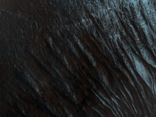 Gullies in Terra Sirenum (credits: NASA/JPL-Caltech/University of Arizona)
This observation shows part of an Unnamed Crater, located inside the much larger Newton Basin, in the Terra Sirenum Region of Mars. 
This Unnamed Crater is approx. 7 Km in diameter (over 4 miles) and some 700 meters (760 yards) deep.
Numerous Gully Systems are visible on the East- and South-facing Walls of the Crater; their characteristics are astonishingly diverse.
This EDM covers an area of nearly 610 x 740 meters (670 x 800 yards). North is up; illumination is from the North-West. 
This EDM depicts several Gullies carved in the South-West-facing Wall of the Crater.

These troughs are extremely rectilinear, lack tributaries, and do not seem to have Terminal Fan Deposits: they terminate rather abruptly, some of them in a spatula-like shape. 
Their characteristics contrast sharply with those of other Gully Systems located elsewhere in this same Crater, which are sinuous, have numerous tributaries, and show distinct Fan Deposits.
Parole chiave: Mars from orbit - Craters - Unnamed Crater with Gullies - Terra Sirenum Region