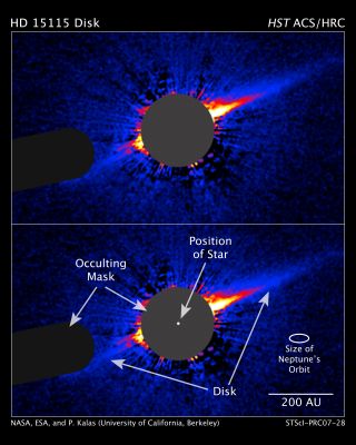 Lopsided debris disk around the young star HD 15115
The disk, seen edge-on, is the dense blue line extending from the star to the upper right and lower left of the image. As seen from Earth, the edge-on disk resembles a needle sticking out from the star. The disk appears thicker and longer at upper right than at lower left, evidence of the disk's lopsided structure. 

Astronomers think the disk's odd imbalanced look is caused by dust particles following a highly elliptical orbit around the star, which is slightly brighter than the Sun. The lopsidedness may have been caused by planets sweeping up debris in the disk or by the gravity of a nearby star. 

Astronomers used an occulting mask on Hubble's Advanced Camera for Surveys to block out the bright starlight so they could see the dim disk. The occulting masks can be seen in the image as the dark circle in the center and the dark bar on the left. The star is behind the central mask. 

HD 15115 is among nearly 30 stars that belong to the Beta Pictoris Moving Group. Moving groups are expanded clusters of stars believed to have a common birthplace and age, in this case about 12 million years, that are traveling together loosely through space. HD 15115 is 150 light-years from Earth.

Dusty disks are known to exist around at least 100 stars, but because of the difficulty in observing material close to the brightness of a star, less than a dozen have been studied closely. 

Astronomers described the disk as one of the most peculiar debris disks that Hubble has ever imaged. They in fact made follow-up observations with the W.M. Keck Observatory in Hawaii to confirm the disk's presence.

Hubble's Advanced Camera for Surveys snapped the image on July 17, 2006.


Parole chiave: From Space Images - Hubble Space Telescope