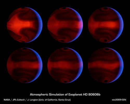 A Dangerous Summer on HD 80606b
On the distant planet HD 80606b, Summers might be dangerous. 
Hypothetic life forms floating in HD 080606b's Atmosphere or lurking on one of its (presently hypothetical) moons might fear the 1500 Kelvin Summer heat, which is hot enough not only to melt Lead but also Nickel. Although Summers are defined for Earth by the daily amount of Sunlight, Summers on HD 80606b are more greatly influenced by how close the Planet gets to its Parent Star. 
HD 80606b, about 200 LY distant, has the most elliptical orbit of any planet yet discovered. In comparison to the Solar System, the distance to its Parent Star would range from outside the orbit of Venus to well inside the orbit of Mercury. 
In this sequence, the night side of HD 80606b is computer simulated as it might glow in infrared light in nearly daily intervals as it passed the closest point in its 111-day orbit around its Parent Star. 
The simulation is based on infrared data taken in late 2007 by the Spitzer Space Telescope. 

Nota Lunexit (a chi interessa): la Formula di Conversione per le Temperature espresse in Kelvin in Temperature espresse in Celsius è la seguente: T° Celsius = T Kelvin - 273,15
Nel nostro caso di specie, quindi, la temperatura diurna media Estiva di HD 80606b dovrebbe essere pari a circa 1227° C. 
Un bel "tepore", davvero...
Parole chiave: Graphs, Spectra and IR + Radio Images