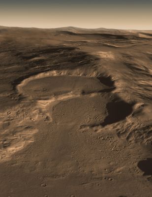 Hellas Basin
Caption NASA:"What created this unusual terrain on Mars? 
The floors of several Mid-Latitude craters in Hellas Basin on Mars appear unusually grooved, flat, and shallow. New radar images from the Mars Reconnaissance Orbiter bolster an exciting hypothesis: huge glaciers of buried ice. Evidence indicates that such glaciers cover an area larger than a city and extend as much as a kilometer deep. 
The ice would have been kept from evaporating into the thin Martian air by a covering of dirt. If true, this would indicate the largest volume of water ice outside of the Martian Poles, much larger than the frozen puddles recently discovered by the Phoenix Lander. 
Such lake-sized ice blocks located so close to the Martian Equator might make a good drinking reservoir for future astronauts exploring Mars. 
How the glaciers originally formed remains a mystery" (...).

Nota Lunexit: ATTENZIONE! Questa immagine - per bella e dettagliata che sembri o che sia - NON E' UNA FOTOGRAFIA! Essa è il risultato finale di un complesso mix di immagini reali le quali sono state riprese ed assemblate e quindi riprocessate digitalmente (vedasi, per maggiori informazioni, il "Solar System Visualization Project"). Un'opera fantastica e meritoria ed un risultato indubbiamente suggestivo ma...Questa immagine NON E' rappresentativa di una realtà specifica. 
Essa è solo la ricostruzione digitale di una realtà specifica (il Bacino di Hellas), il che non è esattamente la stessa cosa...
Parole chiave: Artistic Interpretations of the Solar System