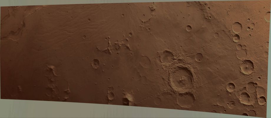 Frame H0572_0000_ND2: Hellas Planitia Region
Caption ESA:"The HRSC on board ESA's Mars Express Spacecraft obtained this image on July, 1st, 2004 during orbit 572 with a ground resolution of approx. 45,1 mt per pixel. 

The scene shows a portion of Hellas Planitia, a Region which is about 234 Km wide in the North, 345 Km in the South, about 898 Km in length, and centred at approx. 89° East Long. and 29° South Lat. 

This image represents an area on the Northern Eastern Rim of Hellas Planitia, also known as the Hellas Impact Basin in Mars's Southern Hemispere. The Basin is thought to have formed around 3900 Million Years ago in a single massive impact".
Parole chiave: Mars from orbit - Hellas Planitia Region