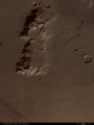 Huge Massif in Hesperia Planum
Caption ESA:"The HRSC on ESA's Mars Express obtained this image on June, 13th, 2004, during orbit 506 with a ground resolution of approx. 37,6 mt per pixel. 
This view shows a portion of the Hesperia Planum Region, containing the Massif, and located at approx. 30,3° South Lat. and 97,8° East Long.".
Parole chiave: Mars from orbit - Massif - Hesperia Planum