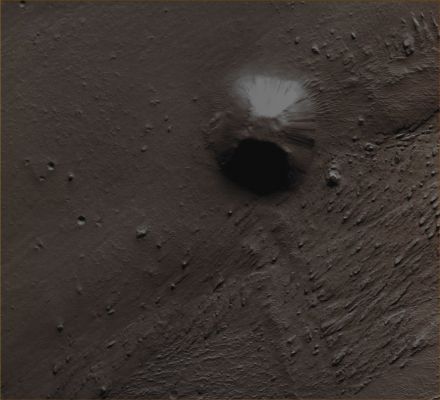 Bizarre "Knob" in Elysium Planitia (Absolute Natural Colors; credits for the additional process. and color.: Dr Paolo C. Fienga - Lunexit Team)
Image information: VIS instrument;
Latitude: 1,1° South;
Longitude: 156,0° East;
Resolution: 18 meter/pixel. 
Parole chiave: Mars from orbit - Knob