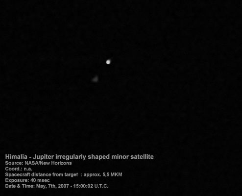 Himalia, from New Horizons
Data & Statistics for Himalia:
Discovered by: C. Perrine   
Date of discovery: AD 1904   
Mass (in Kg): approx. 9,56e+18   
Mass (if Earth = 1): 1,5997e-06   
Equatorial radius (in Km): approx. 93   
Equatorial radius (if Earth = 1): 1,4581e-02   
Mean density (in grm/cm^3): approx. 2,8   
Mean distance from Jupiter (in Km): 11.480.000   
Rotational period (in days): 0,4   
Orbital period (in days): 250,5662   
Mean orbital velocity (in Km/sec): 3,34   
Orbital eccentricity: 0,1580   
Orbital inclination: 27,63°
Escape velocity (in Km/sec): 0,117   
Visual geometric albedo: 0,03   
Magnitude (Vo): 14,84
Parole chiave: Jupiter's Moon - Himalia