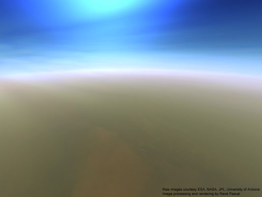 Huygens' Descent to Titan: 110 Km from the Surface (credits: R. Pascal)
The haze of Titan's Atmosphere preferently scatters blue and UltraViolet light: this is the reason why the Outer Atmosphere of Titan appears blue in some Cassini images. In reality, the effect of a blue outer atmosphere on Titan may be less prominent than on this rendered image.
This was the altitude were the main parachute was jettisoned and first surface structures came into view for Huygens' cameras.
Parole chiave: Artistic Interpretations of the Solar System