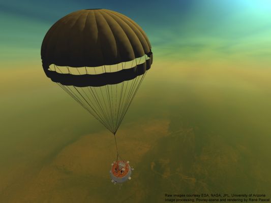 Huygens' Descent to Titan: 100 Km from the Surface (credits: R. Pascal)
The true color of Titan's Sky at this altitude is expected to be slighly less vivid than in this rendering, but should nevertheless come close to it. The transparency of the atmosphere would also be slightly lower to the naked eye. 
Parole chiave: Artistic Interpretations of the Solar System
