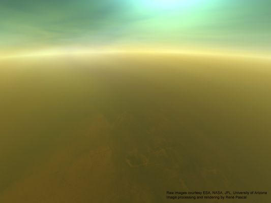 Huygens' Descent to Titan: 90 Km from the Surface (credits: R. Pascal)
The blue color of the sky slowly vanishes with decreasing distance to the Surface and is replaced by a brownish tint. Huygens is still above a layer of complex organic condensate haze, that prevents a clear view down to the Surface.
Parole chiave: Artistic Interpretations of the Solar System