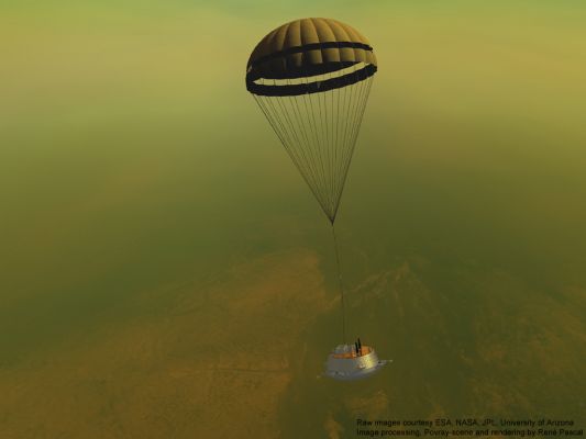 Huygens' Descent to Titan: 85 Km from the Surface (credits: R. Pascal)
Altitude: about 85 Km and still nearly two hours of descent are separating Huygens from the Surface of Titan.
Parole chiave: Artistic Interpretations of the Solar System