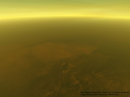 Huygens' Descent to Titan: 70 Km from the Surface (credits: R. Pascal)
At an altitude of about 70 Km above the Surface, Huygens is inside the layer of complex organic condensate haze. Below that layer, the view becomes clearer. 
Parole chiave: Artistic Interpretations of the Solar System
