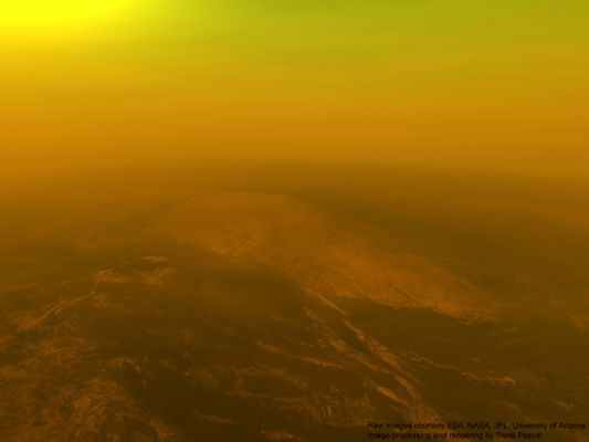 Huygens' Descent to Titan: 40 Km from the Surface (credits: R. Pascal)
This view represents the Adiri Region, as seen from an altitude of about 40 Km, but with the Sun in the West.
Parole chiave: Artistic Interpretations of the Solar System