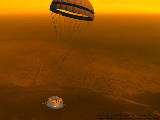 Huygens' Descent to Titan: 30 Km from the Surface (credits: R. Pascal)
Huygens at an altitude of about 30 Km above the surface of Titan. 
Parole chiave: Artistic Interpretations of the Solar System