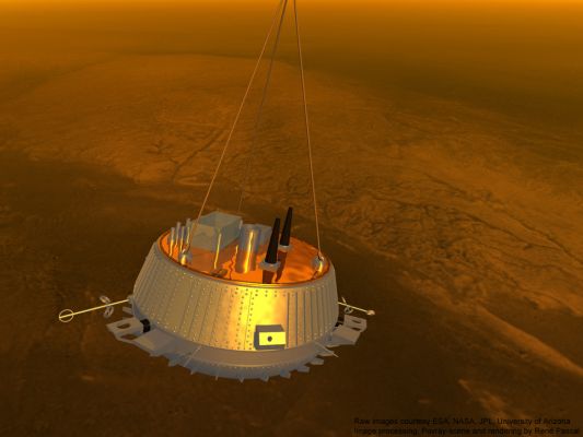 Huygens' Descent to Titan: 20 Km from the Surface (credits: R. Pascal)
A closeup view of Huygens at an altitude of about 20 Km. 
Parole chiave: Artistic Interpretations of the Solar System