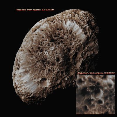Features of Hyperion (CTX and EDM Frames in Absolute Natural Colors; credits for the additional process. and color.: Dr Paolo C. Fienga - Lunexit Team)
These beautiful Absolute Natural Color views of the Saturnian moon Hyperion reveal crisp details across the strange, tumbling moon's Surface. Differences in color represent differences in the composition of the Surface Materials; both views (CTX Frame and EDM) were obtained during the Cassini's close Fly-By that occurred on September, 26, 2005. 
The images were taken by the NASA - Cassini Spacecraft's narrow-angle camera at a distance of approx. 62.000 Km (about 38.500 miles) from Hyperion and at a Sun-Hyperion-Cassini Angle (a.k.a. "Phase Angle") of 52°. The image scale is 362 mt (about 1200 feet) per pixel.
These two frames have been colorized in Absolute Natural Colors (such as the colors that a human eye would actually perceive if someone were onboard the NASA - Cassini Spacecraft and then looked outside, towards the Saturnian moon Hyperion), by using an original technique created - and, in time, dramatically emproved - by the Lunar Explorer Italia Team.
Parole chiave: Saturnian Moons - Hyperion