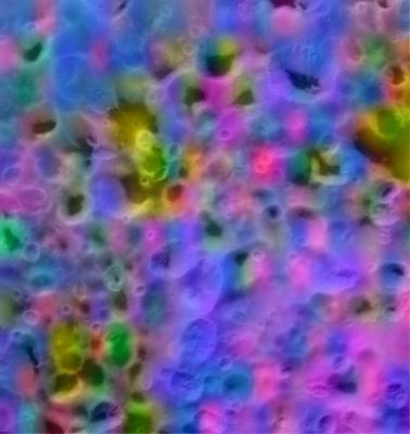 What's all over Hyperion? (extra-detail mgnf)
Caption NASA:"This is a color map of the composition of a portion of Saturn's moon Hyperion's surface about 75 Km (approx. 45 miles) on a side. 
In this map, blue shows the maximum exposure of Frozen Water (H2O), red denotes Carbon Dioxide (CO2) ice ("dry ice"), magenta indicates regions of Water plus CO2, yellow is a mix of CO2 and an unidentified material. 
This map was made with data from the Visual and Infrared Mapping Spectrometer aboard the Cassini spacecraft during its flyby of Hyperion in September 2005".
Parole chiave: Saturn's Moons - Hyperion