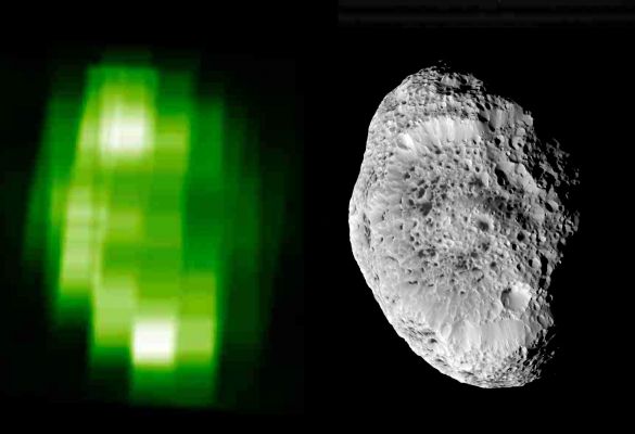 Cold Hyperion...
Caption NASA:"In this ultraviolet image of Hyperion, produced using data taken with Cassini's Ultraviolet Imaging Spectrograph during the September 2005 close flyby, brightness contrasts are due to both topographic and compositional variations across the surface. The brightest regions are exposed water ice in the rim of the crater that dominates the hemisphere in view. 
This new ultraviolet map (left) is shown next to a previously released image (right) taken by the Imaging Science Subsystem".
Parole chiave: Saturn's Moons - Hyperion