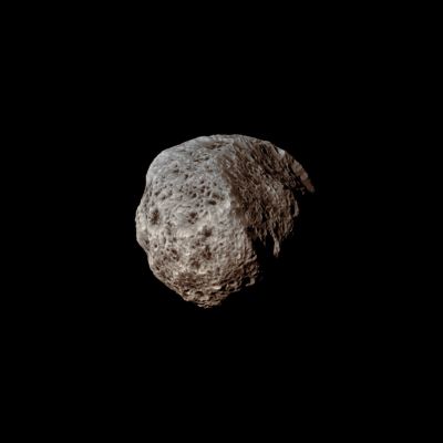 Features of Hyperion (Absolute Natural Colors; credits for the additional process. and color.: Dr Paolo C. Fienga - Lunexit Team) 
Caption NASA:"The sponge-like Surface of Saturn's moon Hyperion is highlighted in this Cassini portrait, captured during the Spacecraft's Sept. 16, 2011, Fly-By. Hyperion (which is about 168 miles, or approx. 270 Km across) has an irregular shape, and it tumbles through its orbit: that is, it does not spin at a constant rate or in a constant orientation. (A standard reference latitude-longitude system has not yet been devised for this moon.) 
Images such as this one extend previous coverage and allow a better inventory of the surface features, the satellite's shape and changes in its spin.

The image was taken in Visible Blue Light with the Cassini Spacecraft narrow-angle camera. The view was obtained at a distance of approx. 55.000 miles (such as about 88.000 Km) from Hyperion and at a Sun-Hyperion-Spacecraft, or Phase, Angle of 37°. 
Image scale is roughly 1720 feet (524 meters) per pixel".
Parole chiave: Saturnian Moons - Hyperion