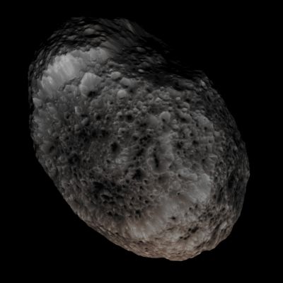 Farewell Hyperion! Part I (Absolute Natural Colors; credits for the additional process. and color.: Dr Paolo C. Fienga/Lunar Explorer Italia/Italian Planetary Foundation)
The NASA - Cassini Spacecraft's Imaging Scientists processed this view of Saturn's so-called "spongy" moon Hyperion, which was taken during a close Fly-By that occurred on May 31, 2015. This Fly-By marks the Mission's Final Close Approach to this Saturnian highly irregularly shaped moon. North on Hyperion is up and rotated 37° to the right (Dx). 

The image was taken with the NASA - Cassini Spacecraft's Narrow-Angle Camera - as we wrote herebefore - on May 31, 2015, by using a Spectral Filter which preferentially admits Wavelengths of Near-InfraRed Light, centered at 862 nanometers. The view was acquired at a distance of approx. 37.000 miles (such as about 59.545,58 Km) from Hyperion, and at a Sun-Hyperion-Cassini Spacecraft, or Phase, Angle of 20°. The Image Scale is roughly 1180 feet (such as approx. 359,664 meters) per pixel.

This frame (which is an Original NASA - CASSINI Spacecraft's b/w and NON Map-Projected image published on the NASA - Planetary Photojournal with the ID n. PIA 17193) has been additionally processed, contrast enhanced, magnified to help the visibility of the Surface details, Gamma corrected and then re-colorized - according to an educated guess (or, if you wish, an informed speculation) carried out by Dr Paolo C. Fienga - in Absolute Natural Colors (such as the colors that a human eye would actually perceive if someone were onboard the NASA - Cassini Spacecraft and then looked outside, towards the Saturnian moon "Hyperion"), by using an original technique created - and, in time, dramatically improved - by the Lunar Explorer Italia Team. Different colors, as well as different shades of the same color, mean, among other things, the existence of different Elements (Minerals) present on the Surface of Hyperion, each having a different Albedo (---> Reflectivity) and Chemical Composition.

Note: it is possible (but we, as IPF, have no way to be one-hundred-percent sure of such a circumstance), that the actual luminosity of Hyperion - as it is in this frame - would appear, to an average human eye, a little bit lower than it has been shown (or, better yet: interpreted) here.
Parole chiave: Saturnian Moons - Hyperion