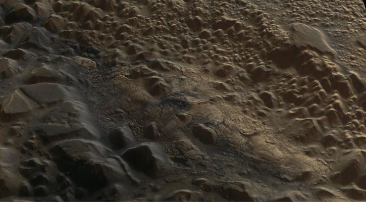 Iani Chaos (possible Natural Colors; credits ESA - additional color. and process. Dr Paolo C. Fienga)
Iani Chaos on Mars, an area where Light Toned Deposits, or LTD, are known to be present. An analysis of data and images from Mars Express suggests that several LTD, some of the least understood structures on Mars, were formed when large amounts of groundwater burst on to the Surface. Scientists propose that groundwater had a greater role in shaping the Martian Surface than previously believed, and may have sheltered primitive life forms as the Planet started drying up. 
This image was obtained with the High Resolution Stereo Camera on board ESA’s Mars Express Spacecraft.

Nota Lunexit: a nostro avviso questa "immagine" NON E' VERA! E' un disegno. Al limite, è la trasposizione digitale di un frame RAW originale unprocessed (ma ne dubitiamo). 
Parole chiave: Mars from orbit - Iani Chaos Region