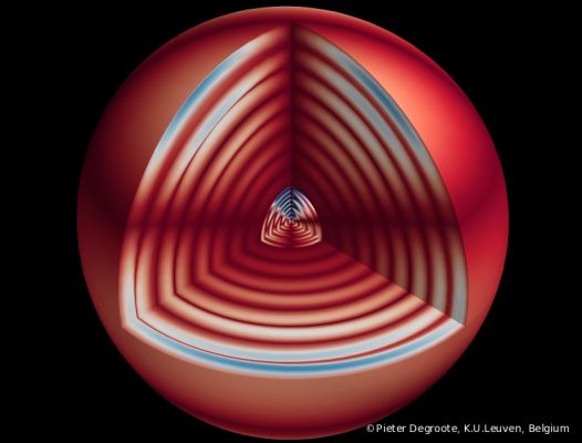 Inside a "Red Giant"
Caption NASA:"A journey to the center of a Red Giant Star is very firmly in the realm of science fiction. 

But the Science of Asteroseismology can explore the conditions there. The technique is to time the small variations in a star's brightness measured by the planet hunting Kepler Spacecraft. Regular variations indicate Stellar Oscillations, analogous to sound waves, that compress and decompress the gas causing brightness changes. 

As recently discovered in Red Giant Stars, some of the Oscillations detected have periods that would cause them to penetrate to the Stellar Core. In that extreme environment they actually become more intense and can return to the Surface. These Echoes from the Red Giant's Core are illustrated in this frame from a computer generated animation. Remarkably, the periods measured for the Oscillations can even indicate how and where the Red Giant Star's energy production, by Hydrogen or Helium fusion, is taking place".
Parole chiave: Computer Graphics